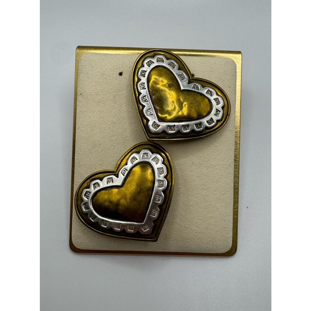 Vintage Sterling Silver & Brass Jeep Collins Retired Large Heart Clip Earrings